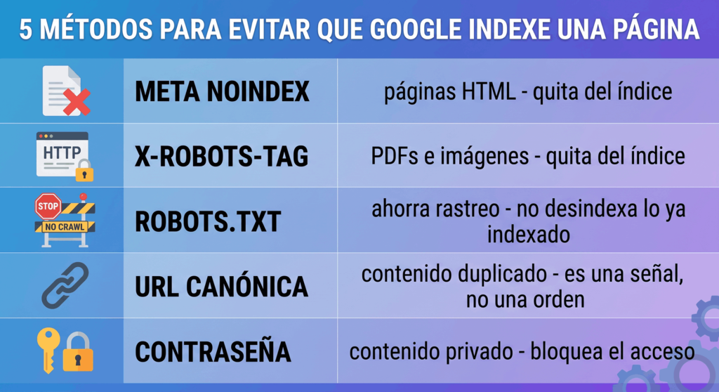 Infografía con los 5 métodos para evitar que Google indexe una página: meta noindex, X-Robots-Tag, robots.txt, URL canónica y contraseña
