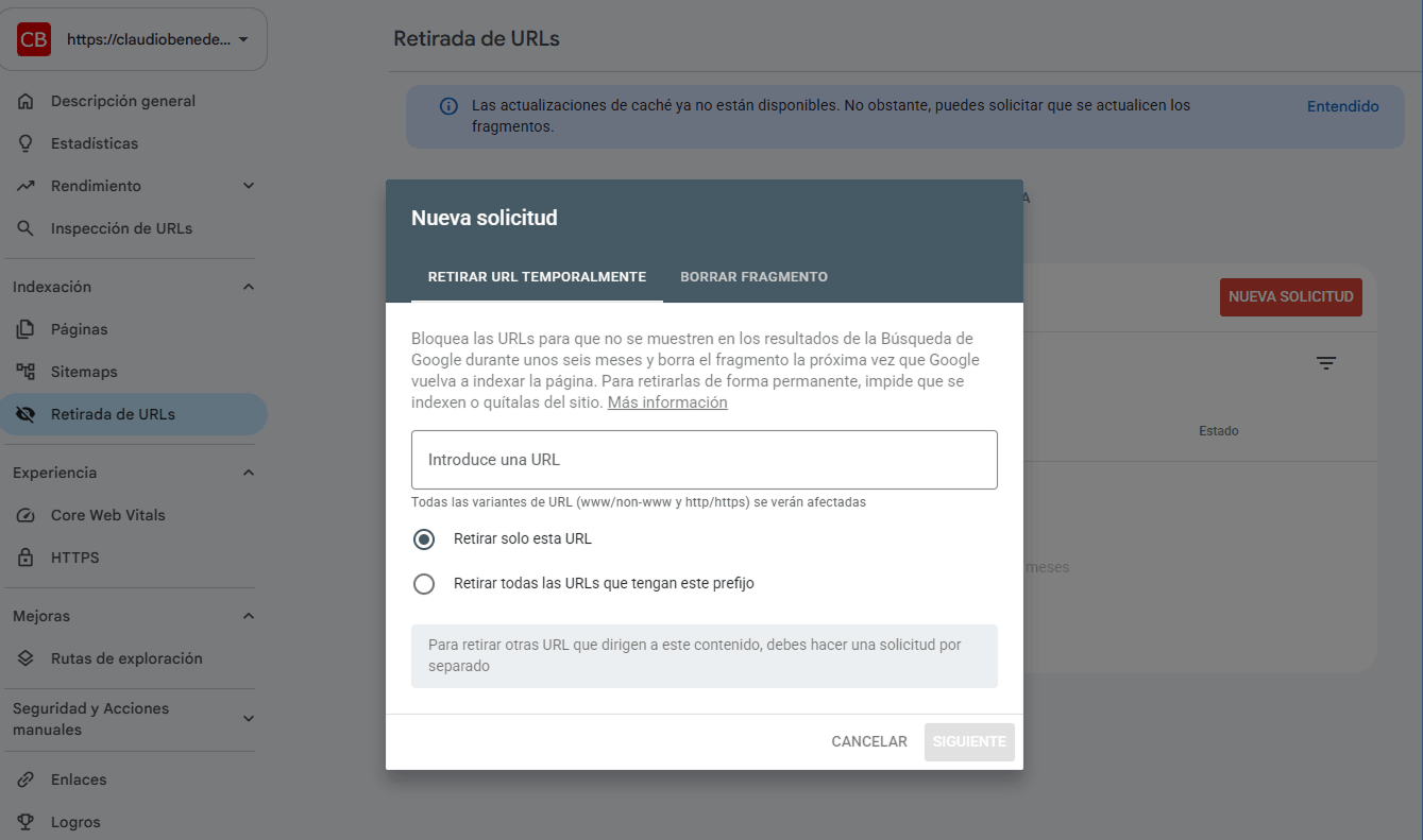 Ventana Nueva solicitud de la herramienta Retirada de URLs de Google Search Console