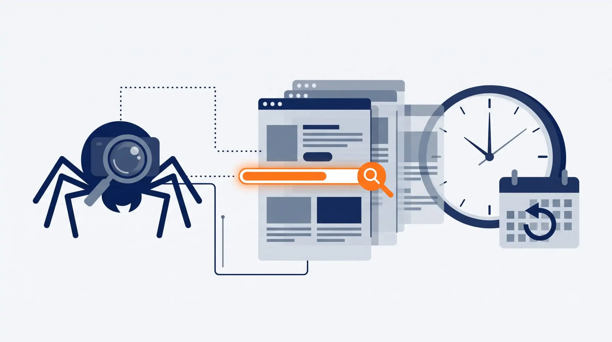 Ilustración que representa el proceso de rastreo, indexación y tiempos de respuesta de Google con un bot spider, páginas web y reloj.