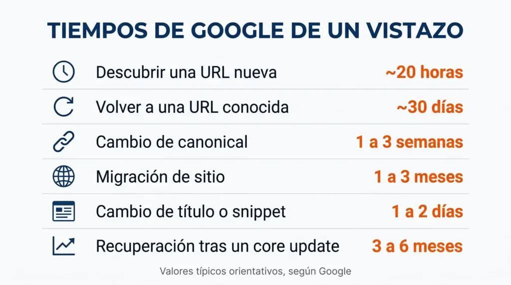 Infografía con los tiempos típicos de Google para descubrir, indexar y recuperar un sitio